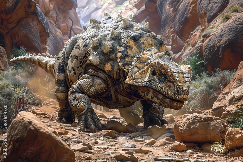 Obraz premium Capture the serene scene of an Ankylosaurus foraging for plants in a lush forest, illustrating the gentle feeding habits and herbivorous nature of these well-protected giants