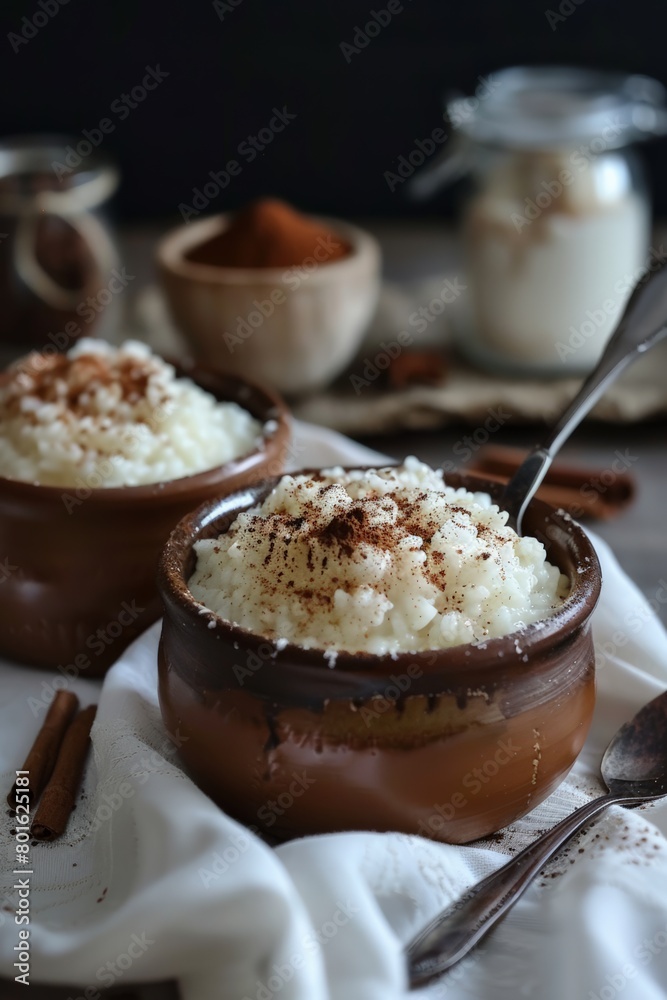 Creamy rice pudding topped with ground cinnamon in a rustic earthenware bowl, accompanied by a vintage spoon and a glass jar of milk.. Creamy rice pudding topped with ground cinnamon in a rustic earthenware bowl, accompanied by a vintage spoon and a glass jar of milk..