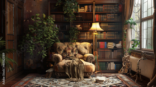 A cozy reading nook with a plush armchair, a floor lamp, and a stack of vintage books.