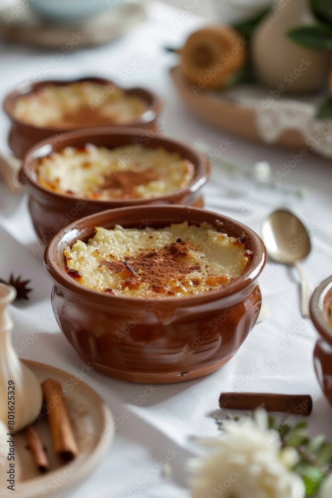 Row of baked rice puddings in terracotta bowls, delicately sprinkled with cinnamon, presented on a white linen tablecloth adorned with subtle decor. Row of baked rice puddings in terracotta bowls, delicately sprinkled with cinnamon, presented on a white linen tablecloth adorned with subtle decor.
