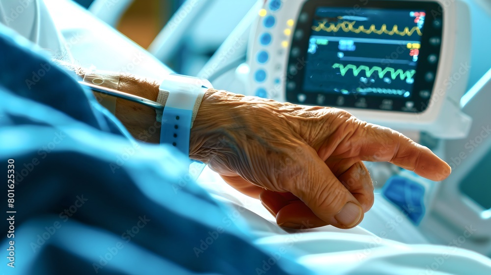 Elderly Patient's Hand with IV in a Hospital Bed, Vital Signs Monitor Background, Healthcare and Medical Concept. AI