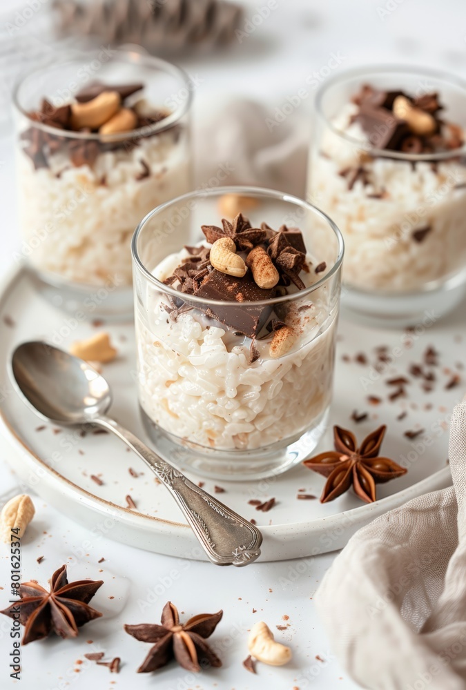Elegant rice pudding in glasses, garnished with dark chocolate, star anise, and roasted nuts, served on a pristine white tray.