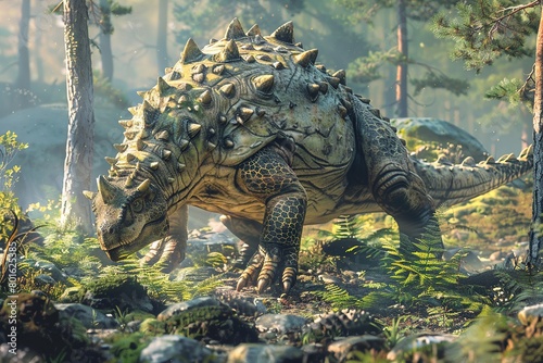 Capture the serene scene of an Ankylosaurus foraging for plants in a lush forest, illustrating the gentle feeding habits and herbivorous nature of these well-protected giants