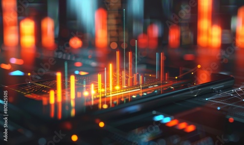 Abstract 3d rendering of a financial graph with rising and falling bars on a futuristic digital interface, symbolizing analytical data, stock market trends, and economic growth