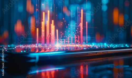 Futuristic urban setting with glowing data streams, capturing the rapid exchange of information in a bustling metropolis