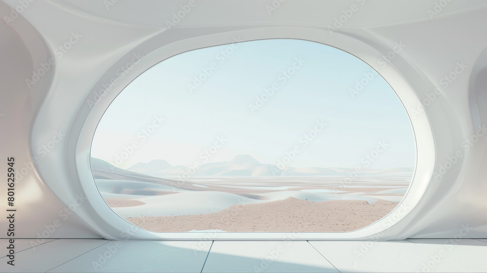 Naklejka premium A large window in a building with a view of a desert