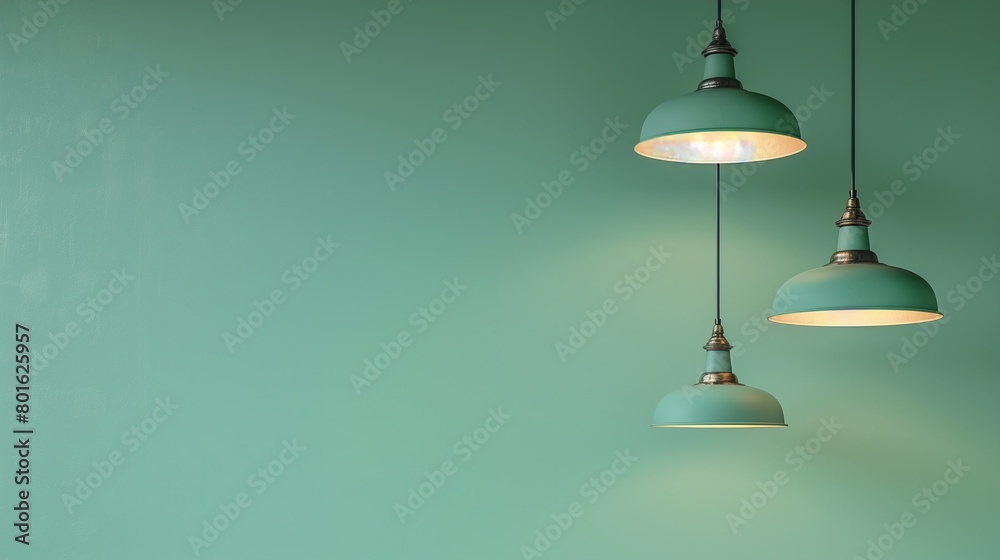 Lamps hanging from the ceiling with a green wall. Copy Space Lamps hanging from the ceiling with a green wall. Copy Space