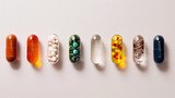 Close-up shot of a line of assorted capsule pills, focusing on the variety of colors and designs