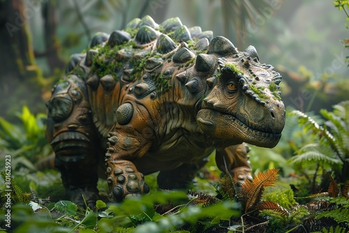 Capture the serene scene of an Ankylosaurus foraging for plants in a lush forest, illustrating the gentle feeding habits and herbivorous nature of these well-protected giants © Roberto