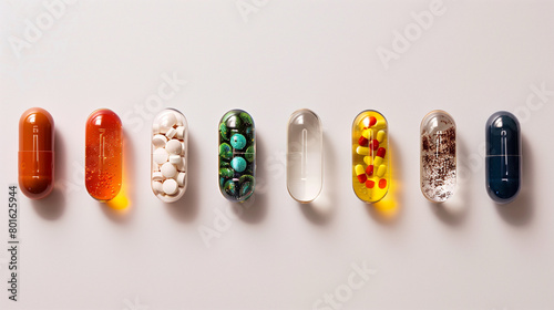 Close-up shot of a line of assorted capsule pills, focusing on the variety of colors and designs photo