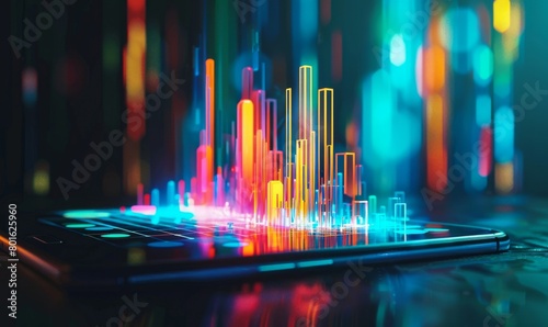 Vivid 3d illustration of colorful data analysis bars rising from a laptop screen, symbolizing advanced technology and analytics in a digital age against a backdrop of neon lights