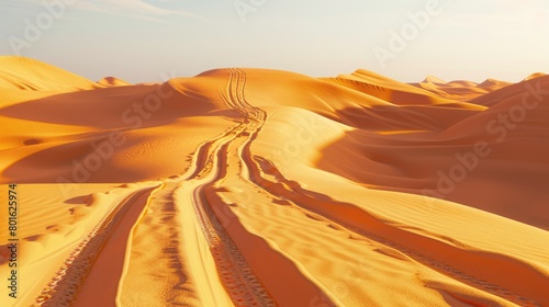 A natural landscape in the desert with tire tracks on a dirt road winding through the sand, framed by a clear blue sky and sparse plants AIG50