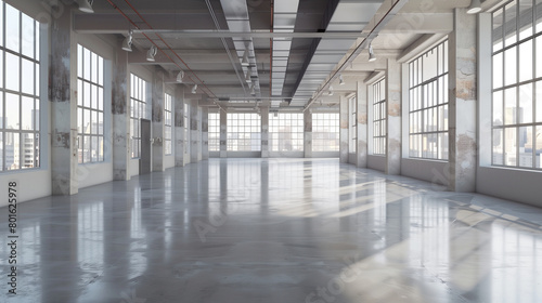 Oblique perspective view of an empty loft space with high ceilings  large industrial windows  and polished concrete floors