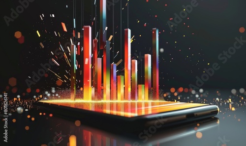 Vibrant image featuring a dynamic tablet and explosive 3d growth charts, symbolizing a substantial surge in data analysis and financial prosperity
