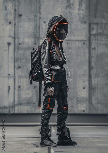 A person in a black outfit with a hoodie and backpack stands in front of a wall
