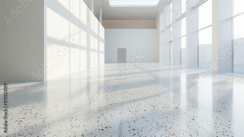 View from an oblique angle of an empty room with terrazzo flooring and high ceilings, natural light casting soft shadows photo