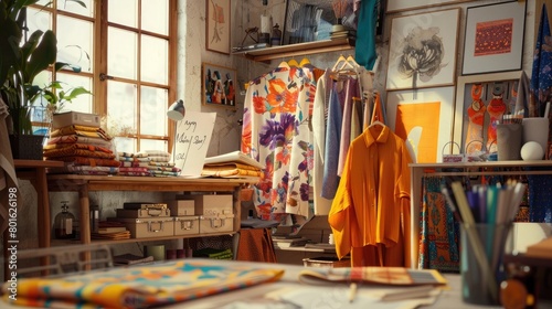A picturesque view of a fashion designer's studio with colorful fabrics and sketches, illustrating the artistry and creativity of fashion design on National Creativity Day.