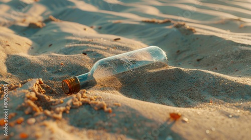 A discarded bottle lies on the sandy beach  surrounded by the tranquil landscape of water  wildlife  and rocks AIG50