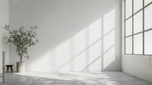A white room with a large window and a potted plant