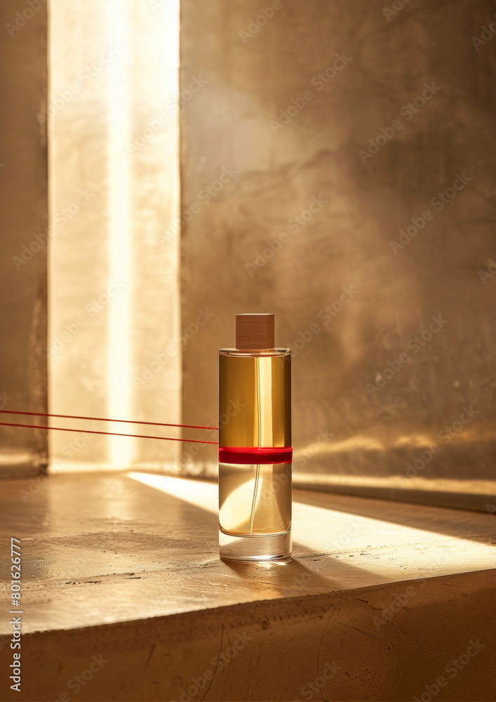 A bottle of perfume sits on a countertop, with a red A bottle of perfume sits on a countertop, with a red