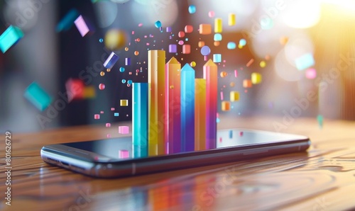 Vibrant 3d bar graph emerging from a smartphone, showcasing data analysis, growth trends, and modern technology in a digital business setting on a wooden background