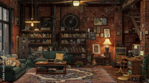 A loft with a cozy futon, a rustic coffee table, and a bookcase filled with vintage books and records.