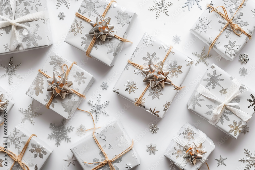 Christmas decoration on snowy wooden background with gifts, ribbon, and ornaments Christmas decoration on snowy wooden background with gifts, ribbon, and ornaments