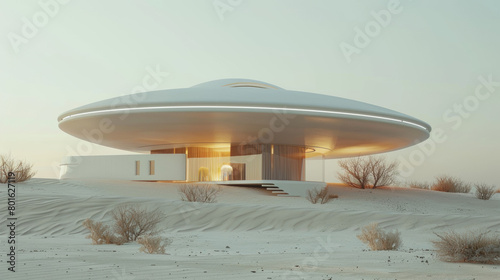 A white UFO shaped house is on a sandy desert landscape