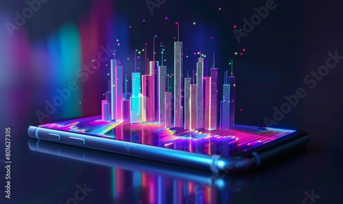 3d cityscape with neon lights projected from a smartphone screen, showcasing advanced technology and the integration of digital and physical worlds in smart city concepts