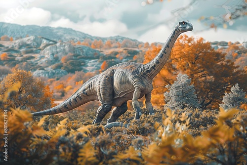  Photograph of a Diplodocus bathed in the warm glow of a sunset, with golden light illuminating its long body against a backdrop of towering mountains and colorful skies © Roberto