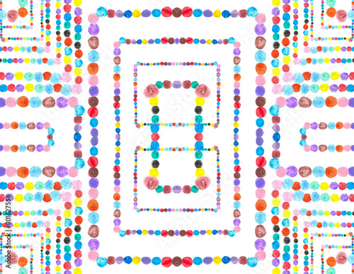 Colorful paint dots on white background. Hand painted colorful frame border made of watercolor dots.