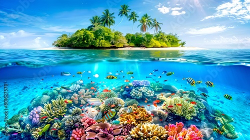 Tropical Paradise Island with Vibrant Coral Reef Under Crystal Clear Water, Tranquil Nature Scene for Relaxation and Wall Art. AI