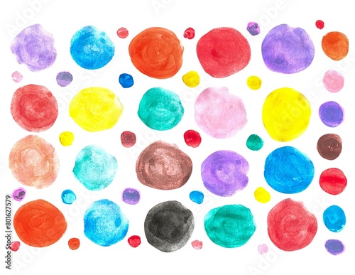 Hand painted colorful circles on white background. Abstract colorful artwork. Modern painting.