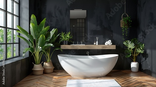 Modern bathroom interior with white bathtub and chic vanity, black walls, parquet floor, plants, wooden wall panel, natural lighting. Minimal bathroom with modern furniture. 3d Rendering