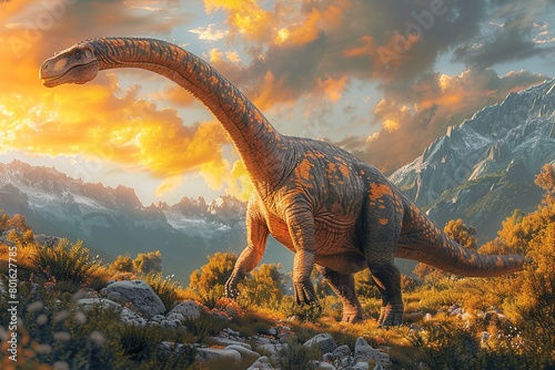  Photograph of a Diplodocus bathed in the warm glow of a sunset  with golden light illuminating its long body against a backdrop of towering mountains and colorful skies