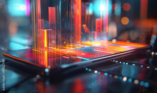 Innovative smartphone projecting a lively, colorful holographic display of data analytics, representing advanced technology and forward-thinking ideas in data management and visualization