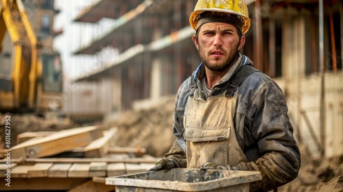 Mid adult male construction worker carrying building material on construction site, portrait