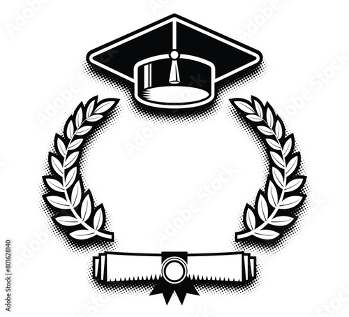 Graduation cap, laurel wreath and certificate scroll. Template for graduation design, congratulation event, T-shirt, party, high school or college graduate. Monochrome vector on transparent background