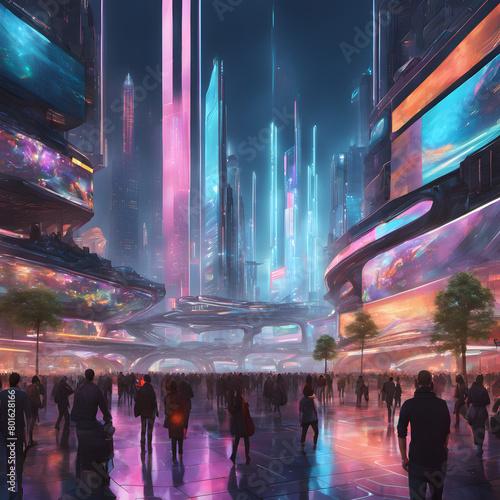 Bustling Futuristic City Square