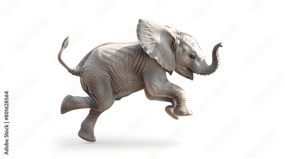 Fototapeta premium Joyful young elephant trotting isolated on white background. Animal in motion, wildlife concept. Captured in studio with playful energy. Perfect for creative projects. AI