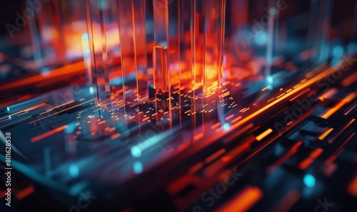 Futuristic circuit board with neon lights and digital elements, representing advanced computing and modern electronics in a cybernetic style