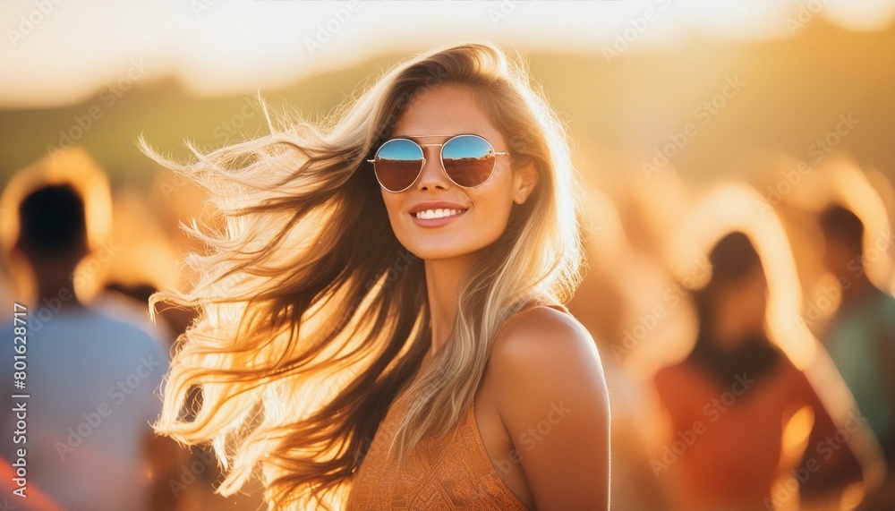 ein sympathische hübsche Frau mit Sonnenbrille und wehenden Haare lächelnd auf eine fest. ein sympathische hübsche Frau mit Sonnenbrille und wehenden Haare lächelnd auf eine fest.