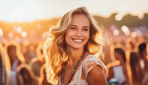 ein sympathische hübsche Frau mit wehenden Haare lächelnd auf eine festival.  photo