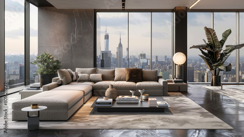 A luxurious open-plan living space with a sleek minimalist sofa, a low-profile coffee table, and a stunning city view © Adnan Haider