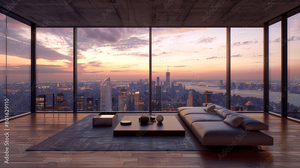 A luxurious penthouse apartment with a sleek minimalist sofa, a low-profile coffee table, and a stunning city view