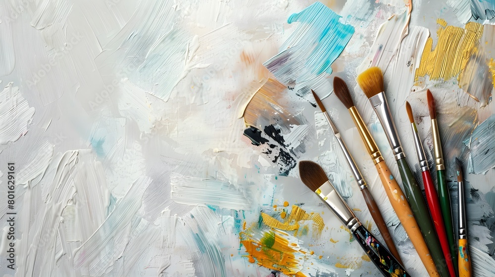 Fototapeta premium A set of brushes above a painting.