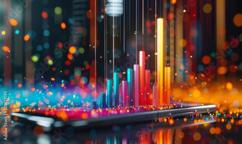 Abstract background with vibrant 3d data analytics bars rising from a tablet screen. Representing advanced data processing. Futuristic business analysis