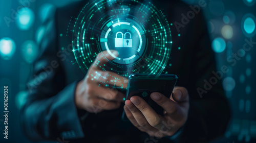  Cybersecurity and privacy concepts to protect data. Businessman use smartphone with cyber security technology for protecting personal data and secure internet access.