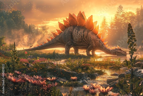 Witness the grace and beauty of a Stegosaurus as it uses its spiked tail to defend against a predatory attack  showcasing the unique defensive capabilities and majestic presence 
