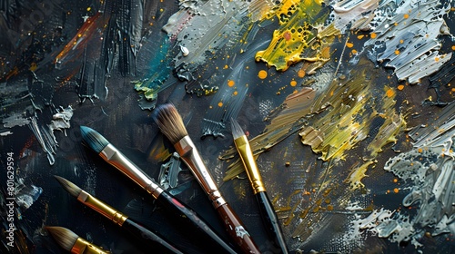 A set of brushes above a painting.